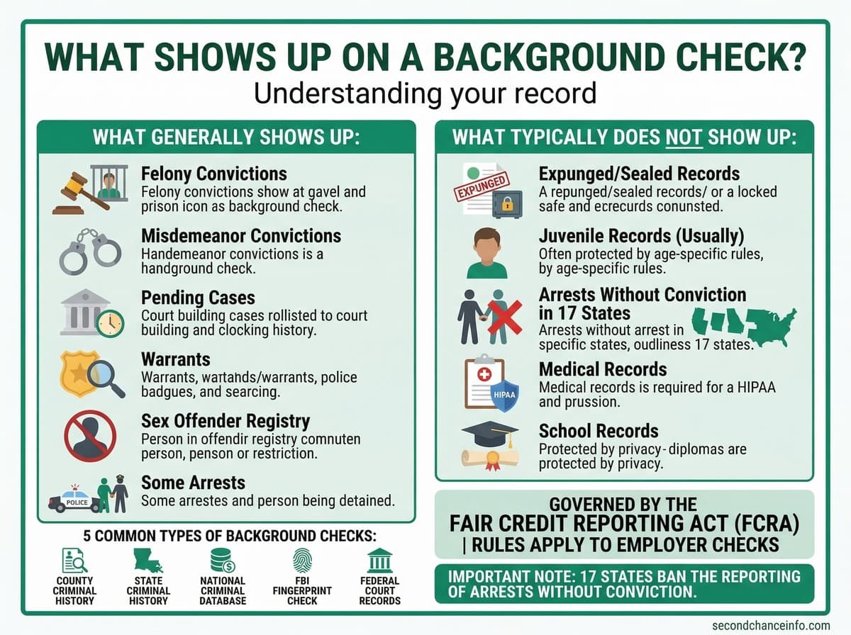 Background check infographic — what-shows-up visual guide from secondchanceinfo.com