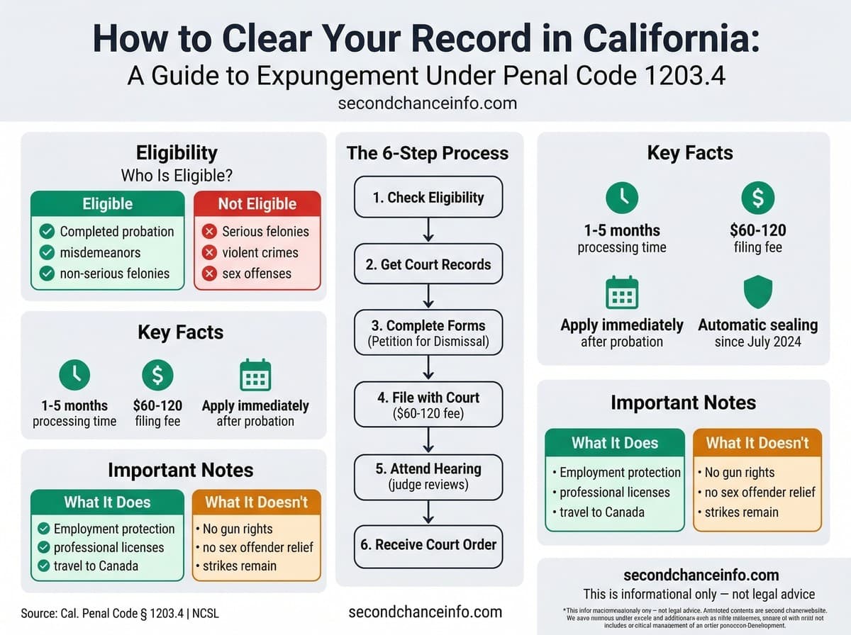 California expungement infographic: 6-step process (check eligibility, get records, complete forms, file with court at $60-120, attend hearing, receive order), eligible vs ineligible offenses, automatic sealing under AB 1076/SB 731, and key facts including 1-5 month timeline. Source: Cal. Penal Code 1203.4, secondchanceinfo.com.