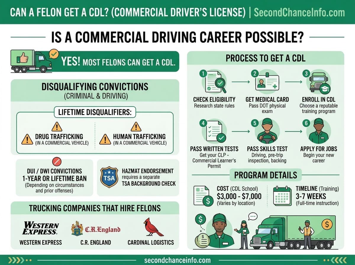 Can a felon get a CDL infographic: YES for most felons, 2 lifetime disqualifiers (drug trafficking in CMV, human trafficking in CMV), DUI tiers, hazmat TSA requirements, $3,000-7,000 CDL school cost, 3-7 week training. Source: FMCSA, secondchanceinfo.com.