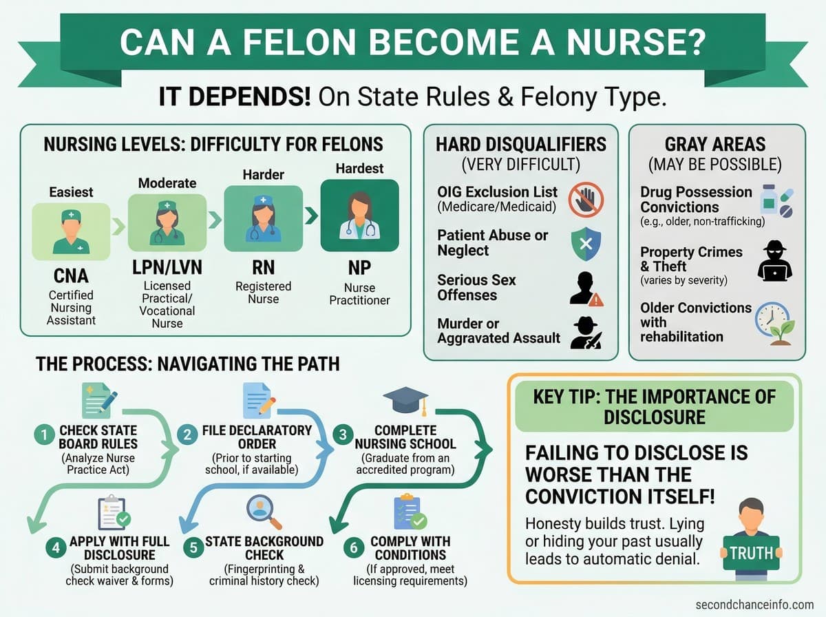 Can a felon become a nurse infographic: depends on state and felony type, 4 nursing levels (CNA easiest, LPN moderate, RN harder, NP hardest), hard disqualifiers include OIG Exclusion List and patient abuse, 8-step application process, key tip: failing to disclose is worse than the conviction. Source: NCSBN, secondchanceinfo.com.