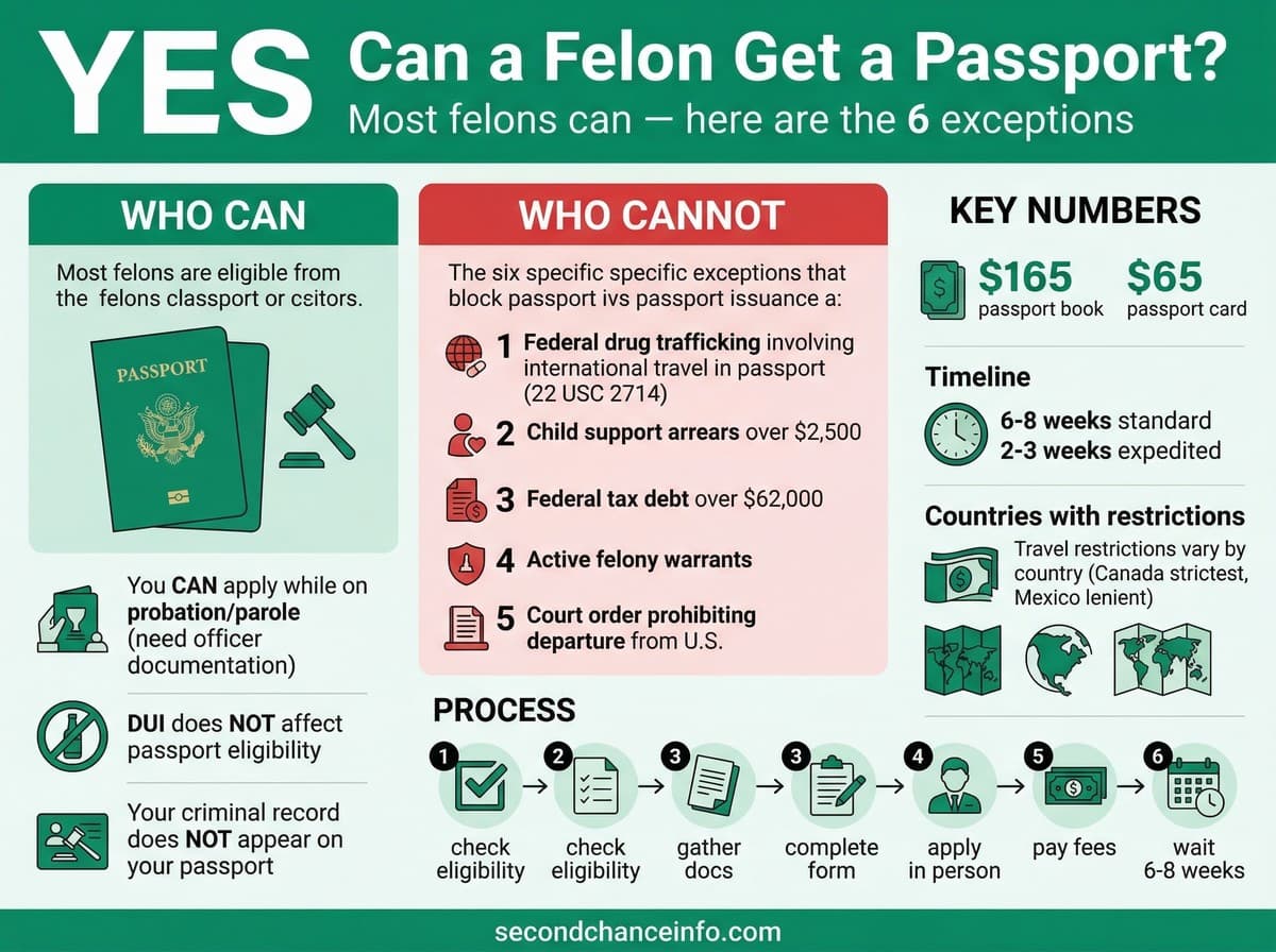 Can a felon get a passport infographic: YES for most felons, 6 exceptions (drug trafficking, child support over $2500, tax debt over $62000, felony warrants, court departure orders, sex trafficking), 6-step application process, $165 cost, 6-8 week timeline. Source: U.S. Department of State, secondchanceinfo.com.