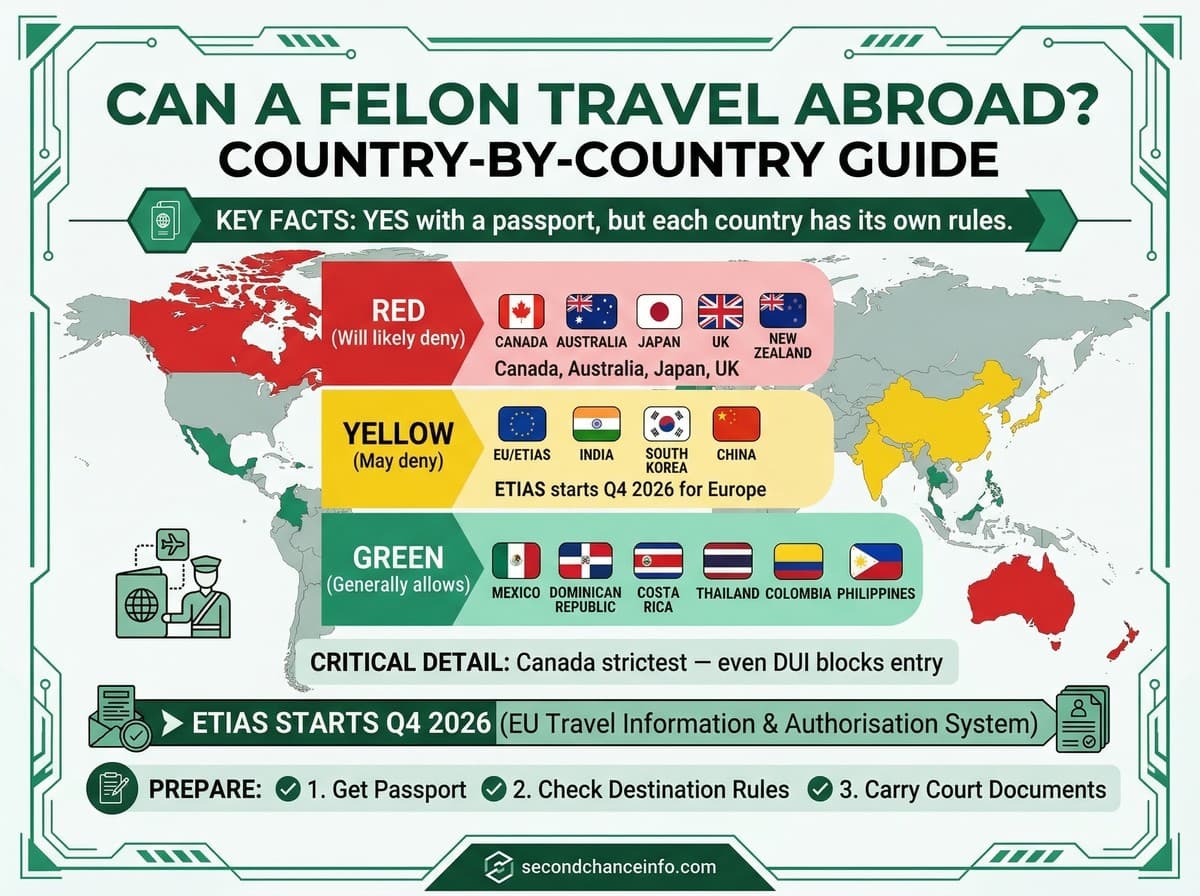 Can a felon travel abroad infographic: 25-country guide in 3 tiers — will likely deny (Canada, Australia, Japan, UK, New Zealand), may deny (EU/ETIAS 2026, India, South Korea), generally allows (Mexico, Dominican Republic, Costa Rica, Thailand). ETIAS starts Q4 2026. Source: secondchanceinfo.com.